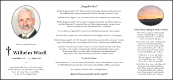 Traueranzeige von Wilhelm Wiedl von merkurtz