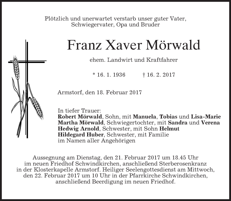  Traueranzeige für Franz Xaver Mörwald vom 18.02.2017 aus merkurtz