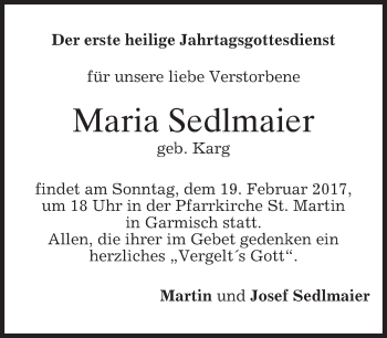 Traueranzeige von Maria Sedlmaier von merkurtz