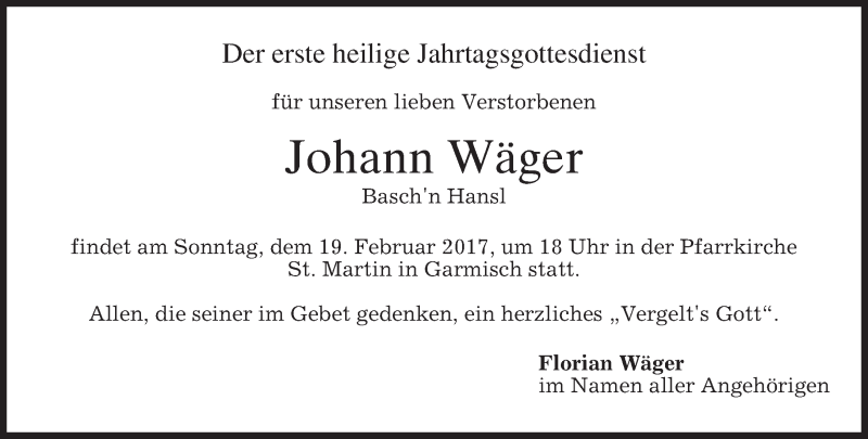  Traueranzeige für Johann Wäger vom 17.02.2017 aus merkurtz