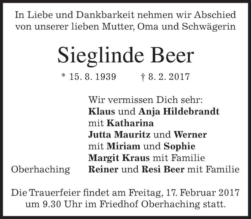  Traueranzeige für Sieglinde Beer vom 11.02.2017 aus merkurtz