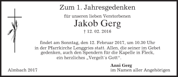 Traueranzeige von Jakob Gerg von merkurtz