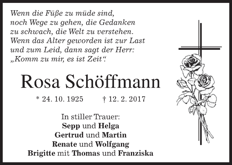  Traueranzeige für Rosa Schöffmann vom 22.02.2017 aus merkurtz