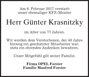 Traueranzeige von Günter Krasnitzky von merkurtz