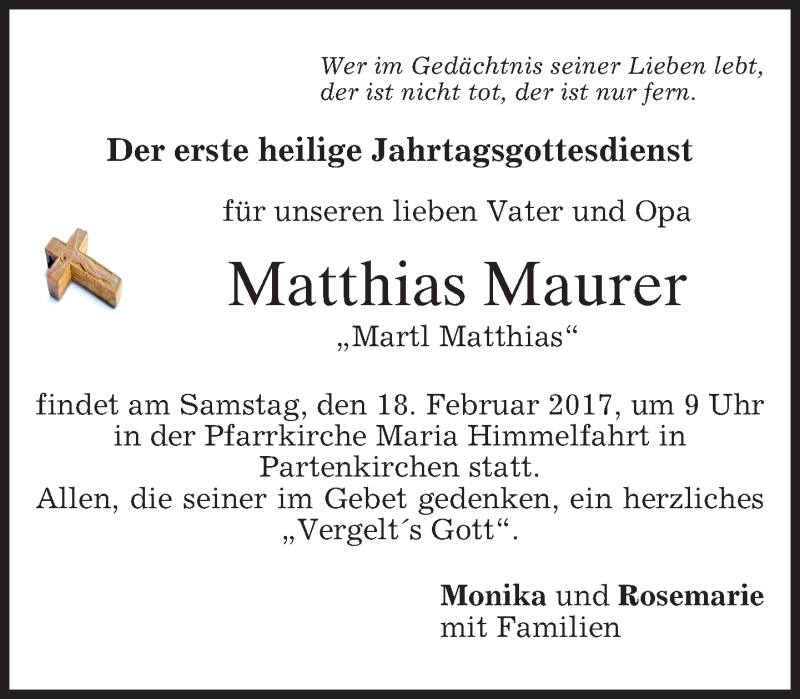  Traueranzeige für Matthias Maurer vom 11.02.2017 aus merkurtz