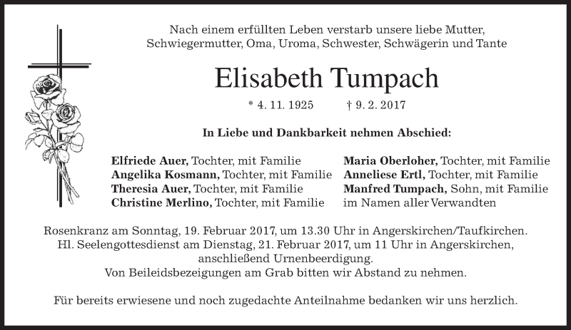  Traueranzeige für Elisabeth Tumpach vom 18.02.2017 aus merkurtz