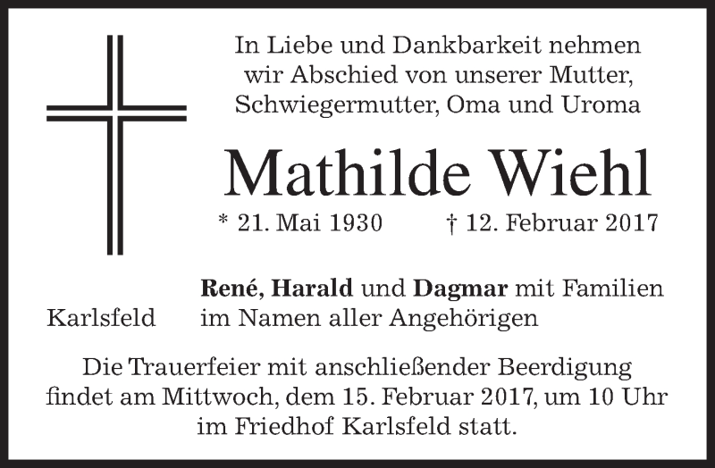  Traueranzeige für Mathilde Wiehl vom 14.02.2017 aus merkurtz