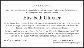 Traueranzeige von Elisabeth Gloxner von merkurtz