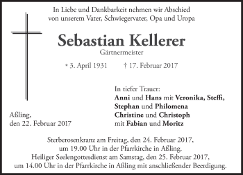 Traueranzeige von Sebastian Kellerer von merkurtz