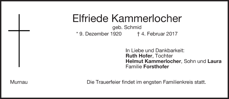  Traueranzeige für Elfriede Kammerlocher vom 11.02.2017 aus merkurtz