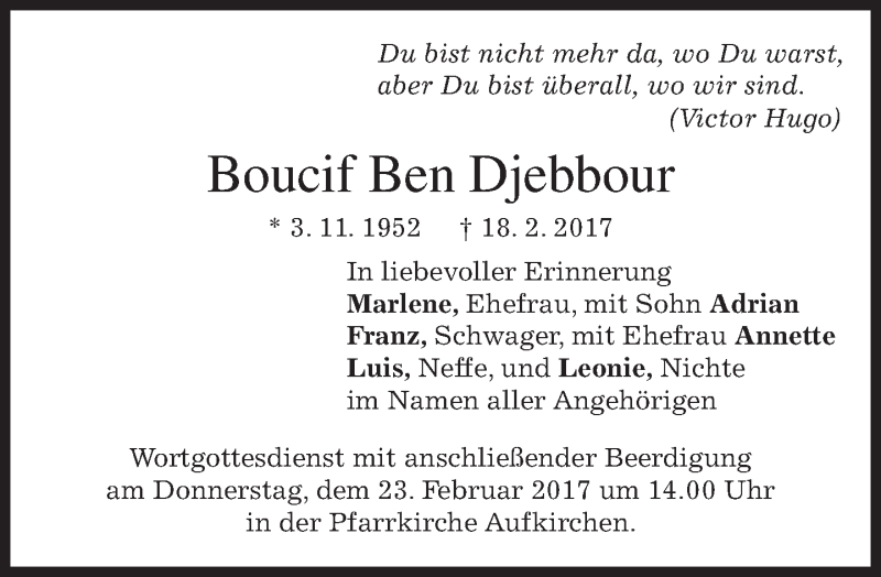 Traueranzeige für Boucif Ben Djebbour vom 21.02.2017 aus merkurtz