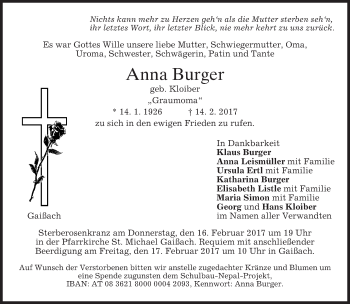 Traueranzeige von Anna Burger von merkurtz