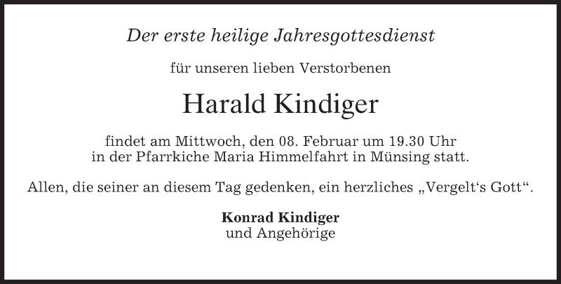  Traueranzeige für Harald Kindiger vom 06.02.2017 aus merkurtz