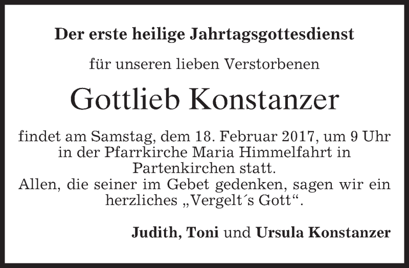  Traueranzeige für Gottlieb Konstanzer vom 11.02.2017 aus merkurtz
