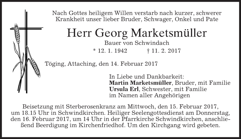  Traueranzeige für Georg Marketsmüller vom 14.02.2017 aus merkurtz