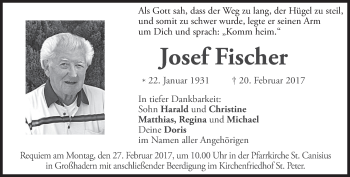 Traueranzeige von Josef Fischer von merkurtz