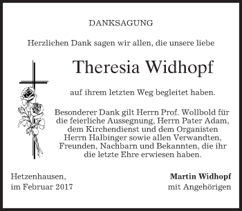 Traueranzeige von Theresia Widhopf von merkurtz