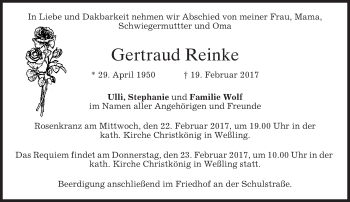 Traueranzeige von Gertraud Reinke von merkurtz
