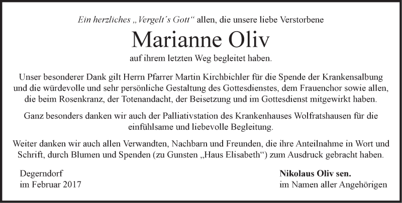  Traueranzeige für Marianne Oliv vom 04.02.2017 aus merkurtz