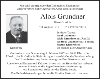 Traueranzeige von Alois Grundner