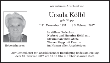 Traueranzeige von Ursula Kölbl von merkurtz