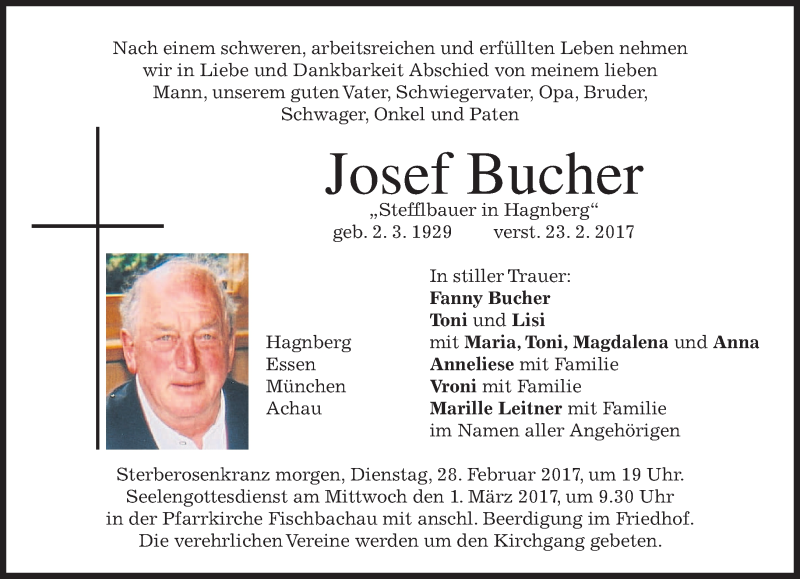  Traueranzeige für Josef Bucher vom 27.02.2017 aus merkurtz