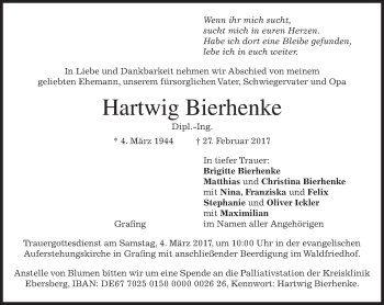 Traueranzeige von Hartwig Bierhenke von merkurtz