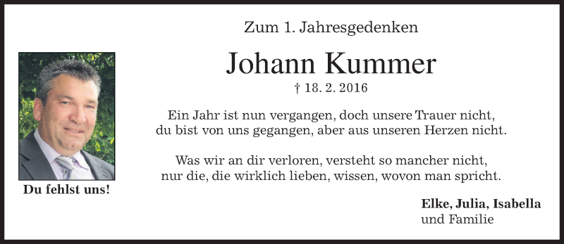  Traueranzeige für Johann Kummer vom 18.02.2017 aus merkurtz
