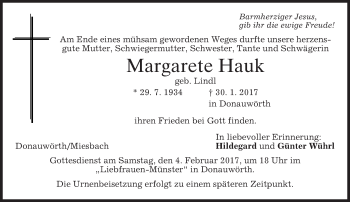 Traueranzeige von Margarete Hauk von merkurtz