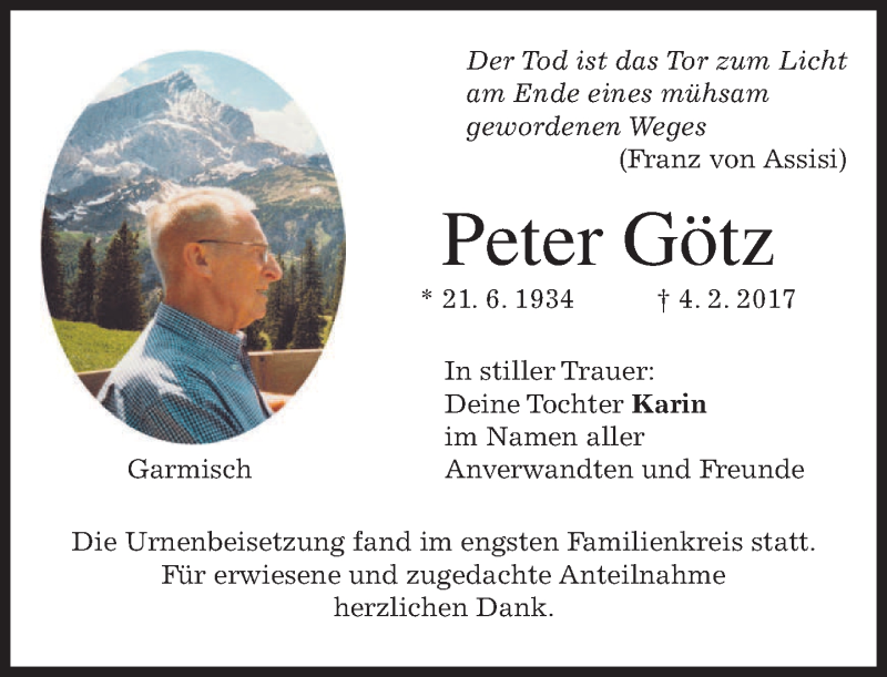  Traueranzeige für Peter Götz vom 18.02.2017 aus merkurtz