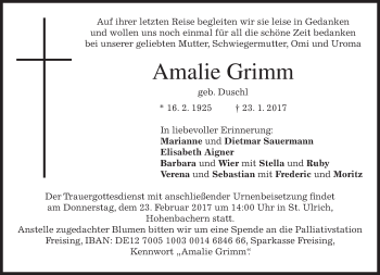 Traueranzeige von Amalie Grimm von merkurtz