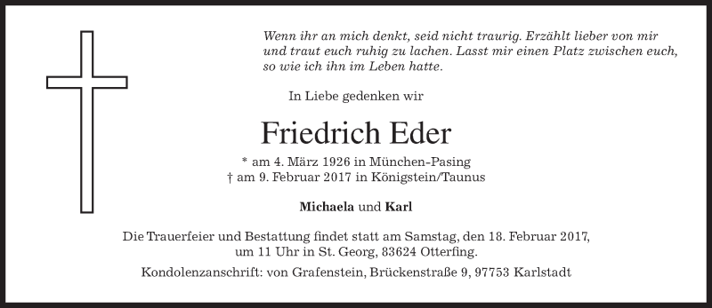  Traueranzeige für Friedrich Eder vom 15.02.2017 aus merkurtz