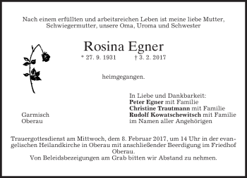 Traueranzeige von Rosina Egner von merkurtz