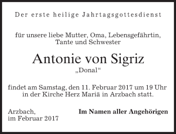 Traueranzeige von Antonie von Sigriz von merkurtz