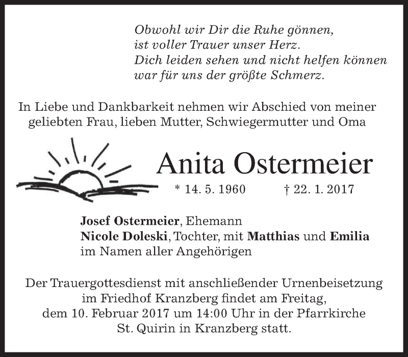  Traueranzeige für Anita Ostermeier vom 08.02.2017 aus merkurtz