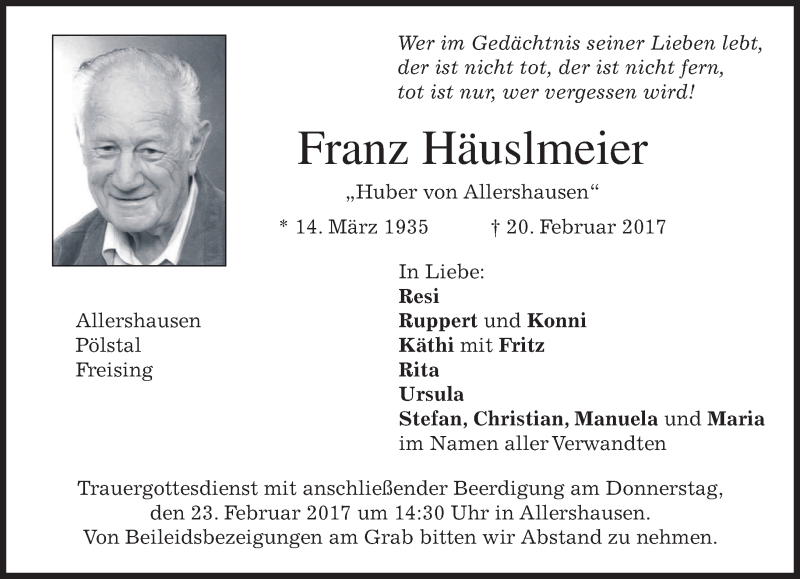  Traueranzeige für Franz Häuslmeier vom 22.02.2017 aus merkurtz