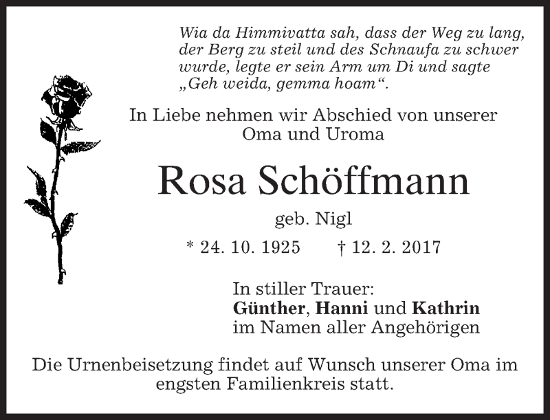  Traueranzeige für Rosa Schöffmann vom 18.02.2017 aus merkurtz