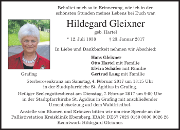 Traueranzeige von Hildegard Gleixner von merkurtz