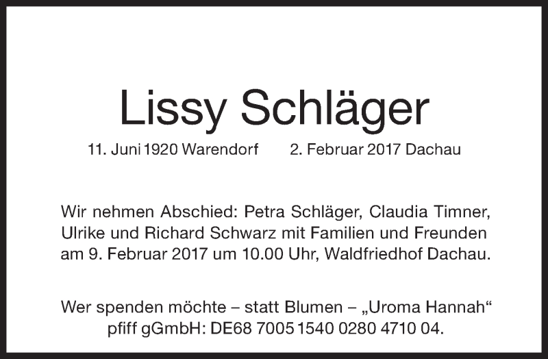 Traueranzeige für Lissy Schläger vom 06.02.2017 aus merkurtz