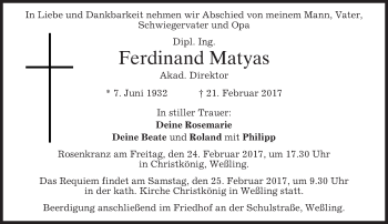 Traueranzeige von Ferdinand Matyas von merkurtz