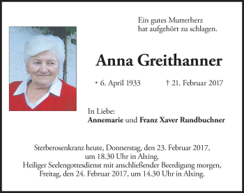 Traueranzeige von Anna Greithanner von merkurtz