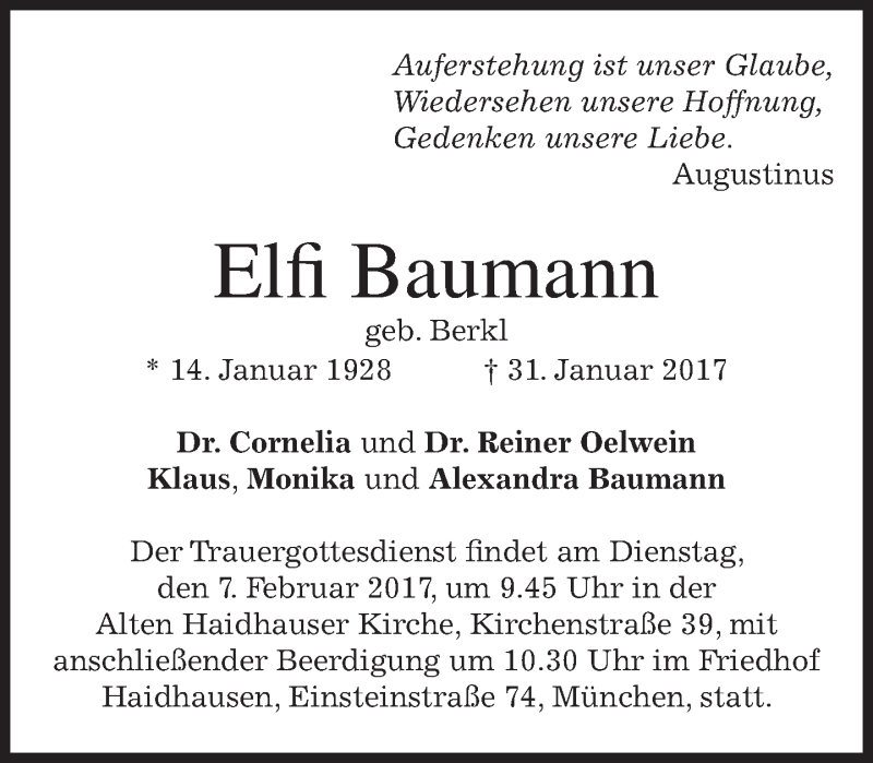  Traueranzeige für Elfi Baumann vom 04.02.2017 aus merkurtz