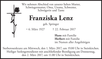 Traueranzeige von Franziska Lenz von merkurtz