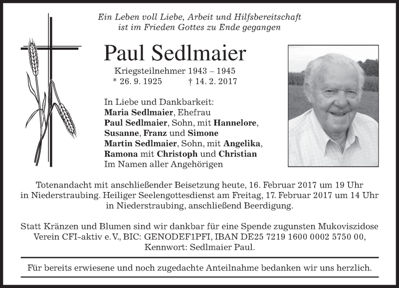  Traueranzeige für Paul Sedlmaier vom 16.02.2017 aus merkurtz