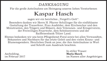 Traueranzeige von Kaspar Hasch von merkurtz