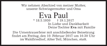 Traueranzeige von Eva Paul von merkurtz