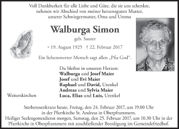 Traueranzeige von Walburga Simon von merkurtz