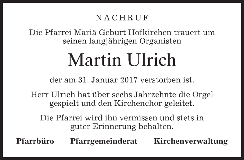  Traueranzeige für Martin Ulrich vom 04.02.2017 aus merkurtz
