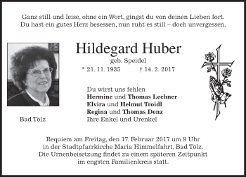 Traueranzeige von Hildegard Huber von merkurtz