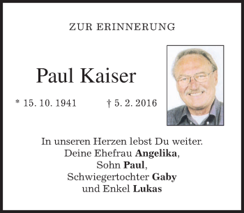 Traueranzeige von Paul Kaiser von merkurtz